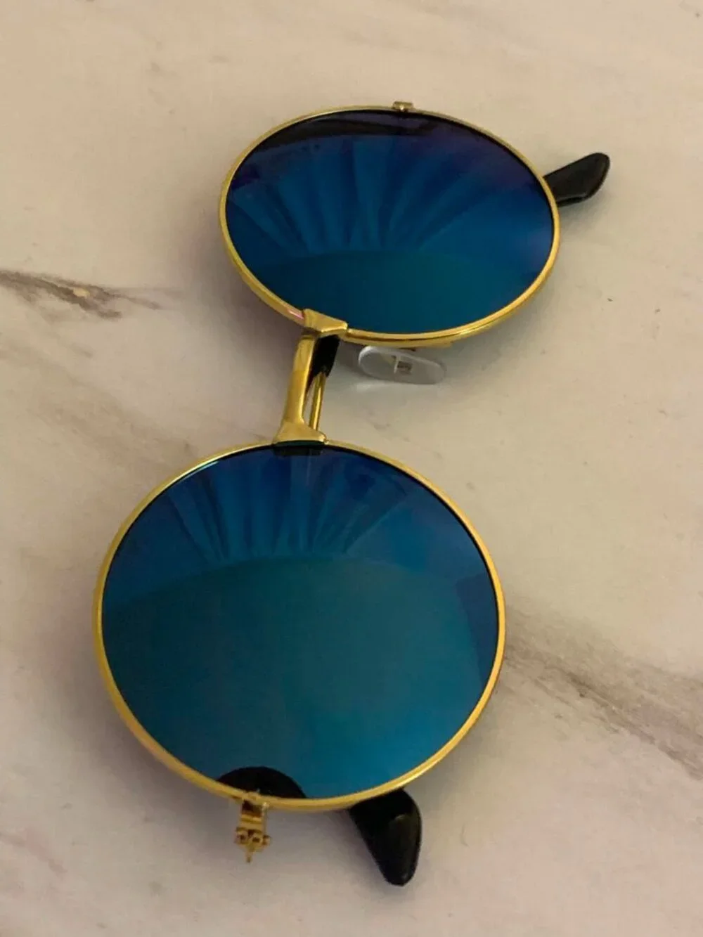 Retro Round Sunglasses With Gold Metal Frame Blue Metallic Lenses